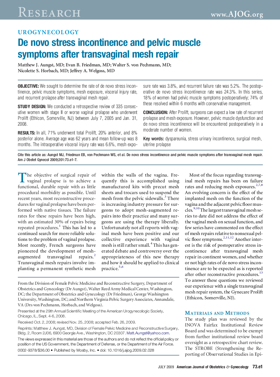 De novo stress incontinence and pelvic muscle symptoms after transvaginal mesh repair