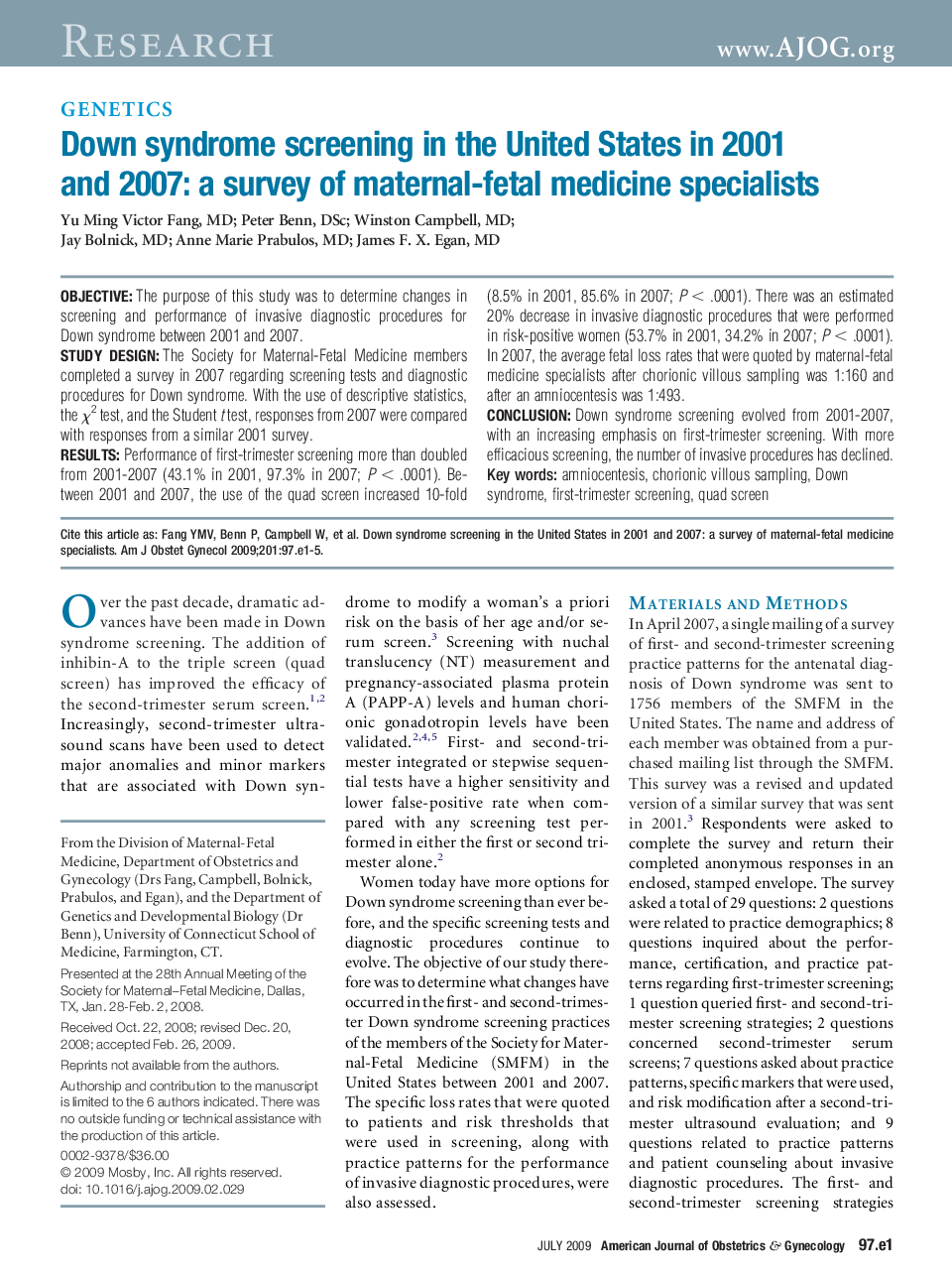 Down syndrome screening in the United States in 2001 and 2007: a survey of maternal-fetal medicine specialists