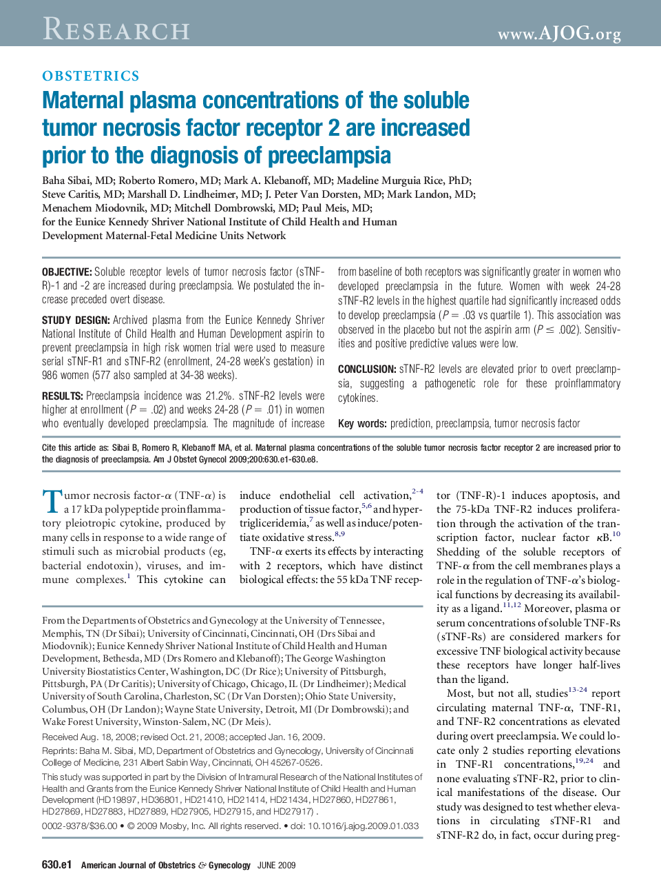 Maternal plasma concentrations of the soluble tumor necrosis factor receptor 2 are increased prior to the diagnosis of preeclampsia