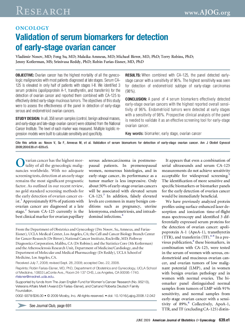 Validation of serum biomarkers for detection of early-stage ovarian cancer