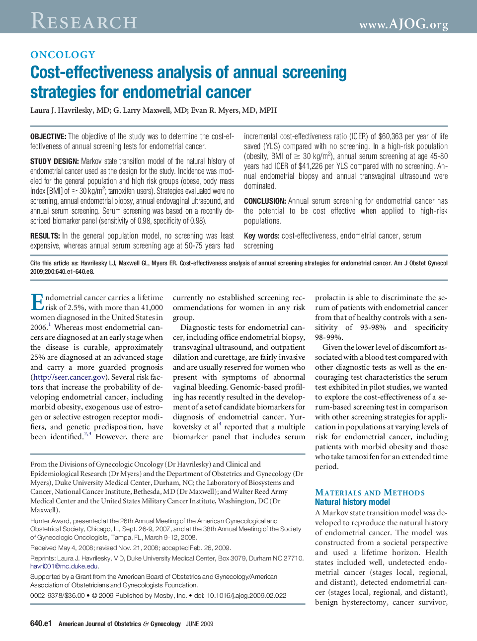 Cost-effectiveness analysis of annual screening strategies for endometrial cancer