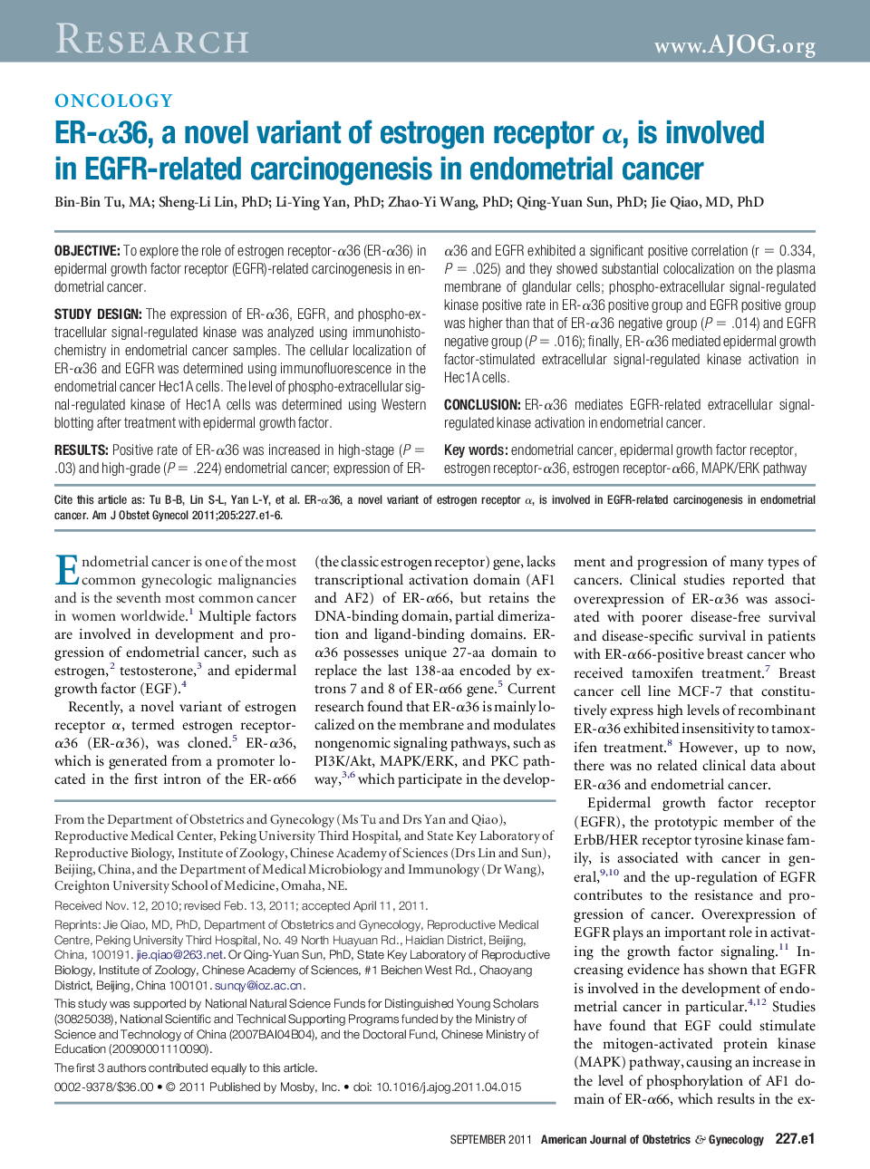 ER-Î±36, a novel variant of estrogen receptor Î±, is involved in EGFR-related carcinogenesis in endometrial cancer