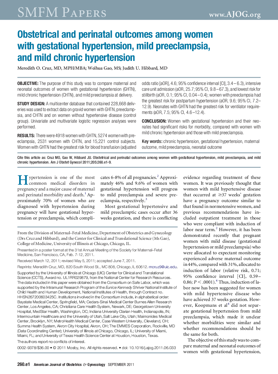 Obstetrical and perinatal outcomes among women with gestational hypertension, mild preeclampsia, and mild chronic hypertension