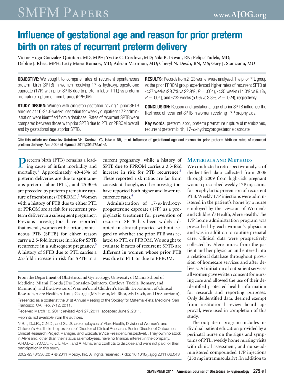 Influence of gestational age and reason for prior preterm birth on rates of recurrent preterm delivery