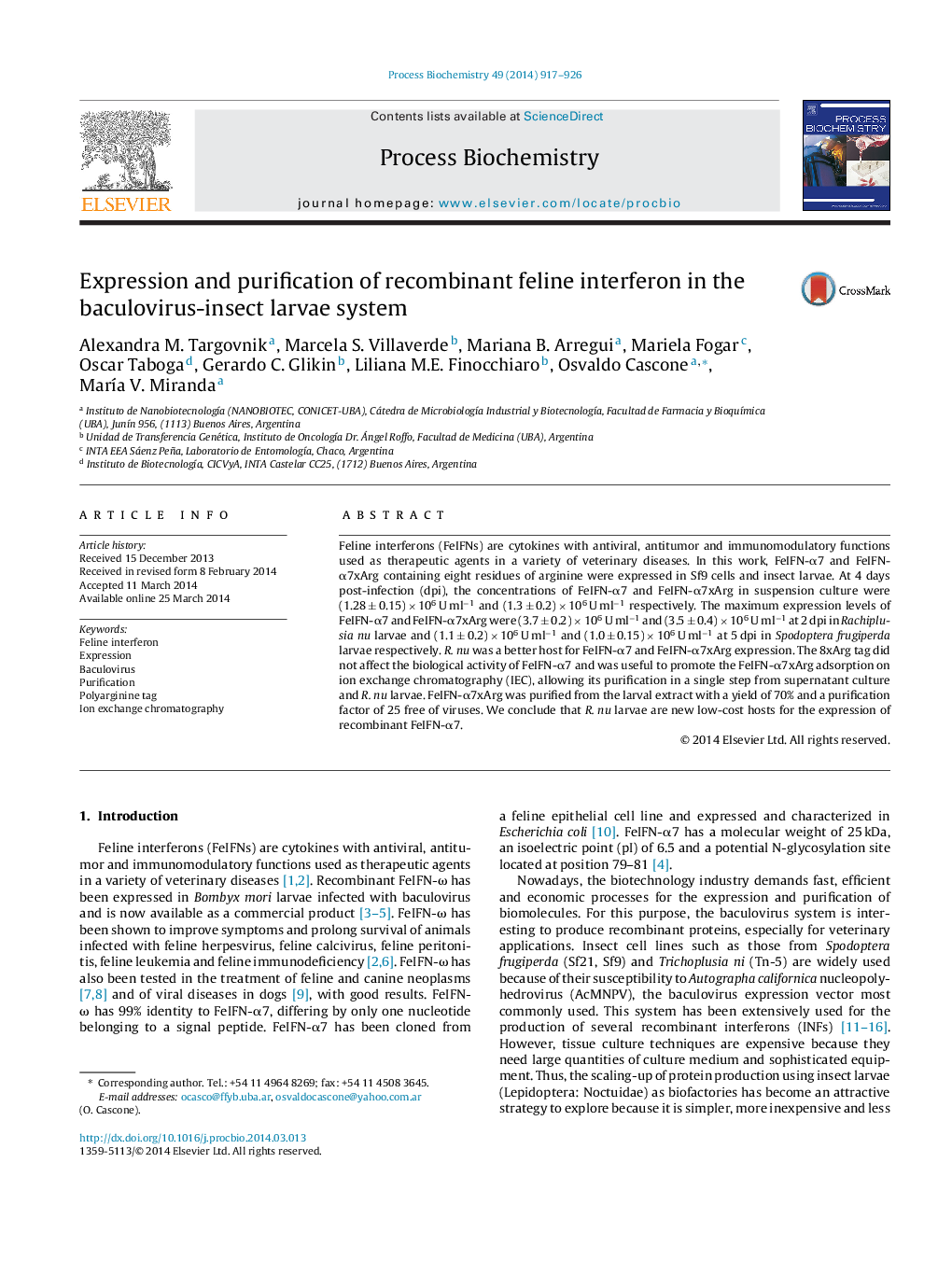 Expression and purification of recombinant feline interferon in the baculovirus-insect larvae system