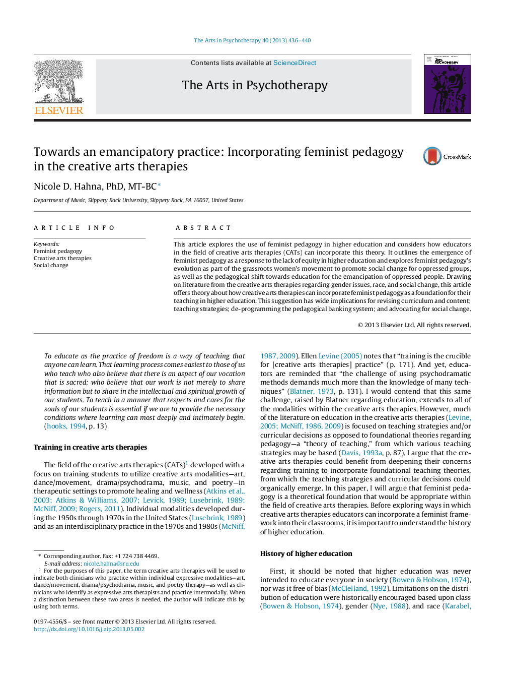 Towards an emancipatory practice: Incorporating feminist pedagogy in the creative arts therapies