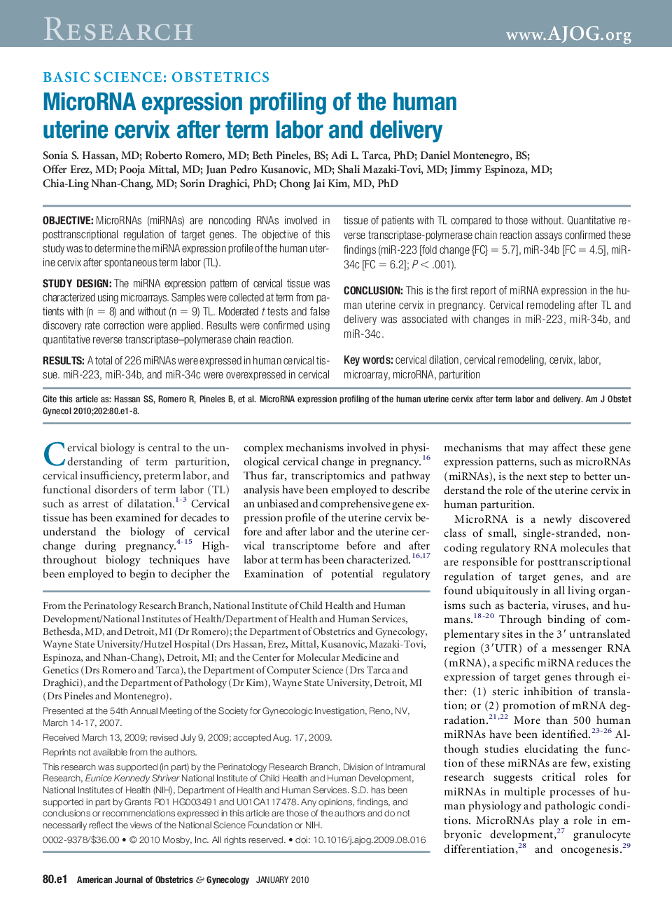 MicroRNA expression profiling of the human uterine cervix after term labor and delivery