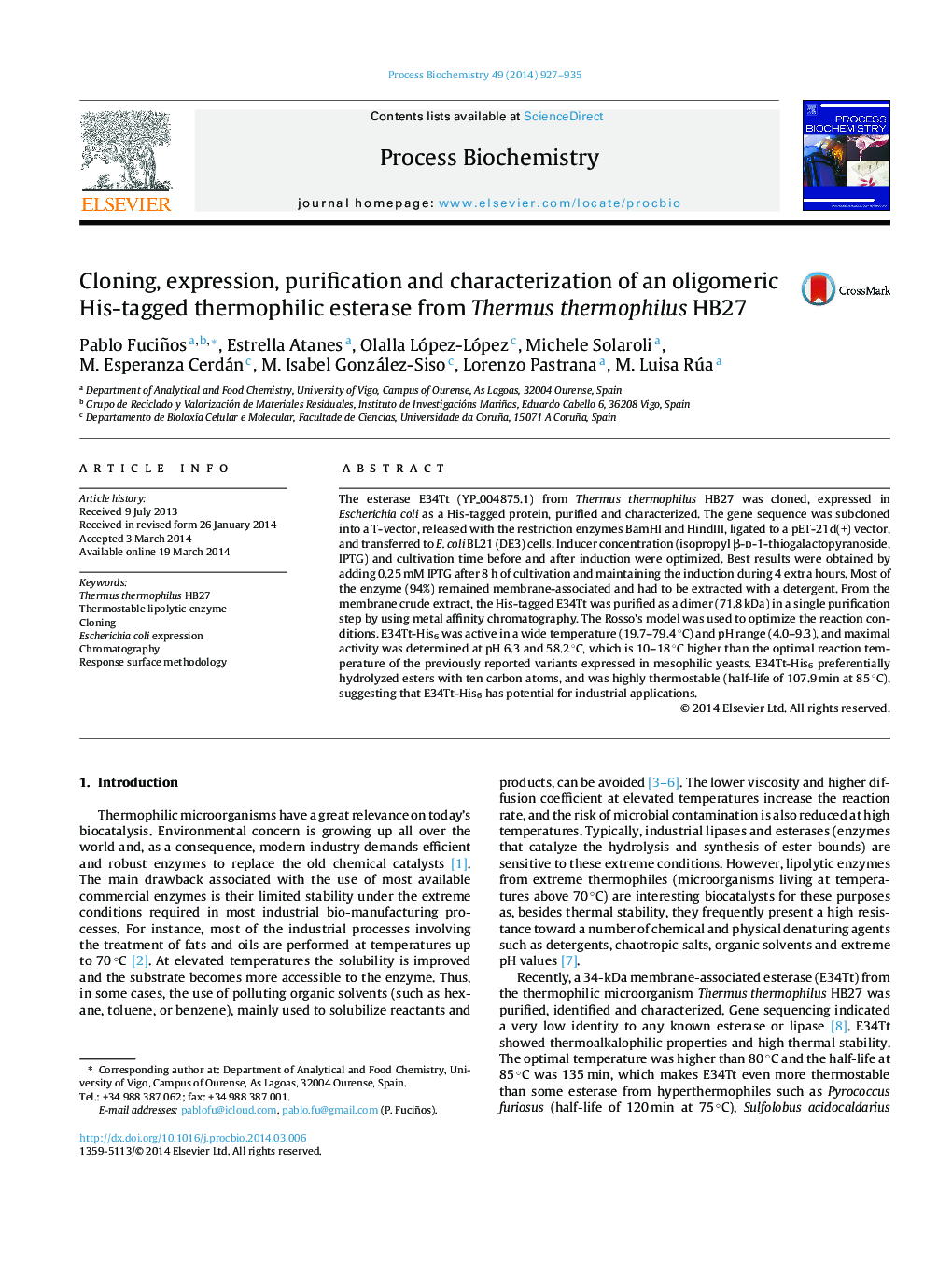 Cloning, expression, purification and characterization of an oligomeric His-tagged thermophilic esterase from Thermus thermophilus HB27