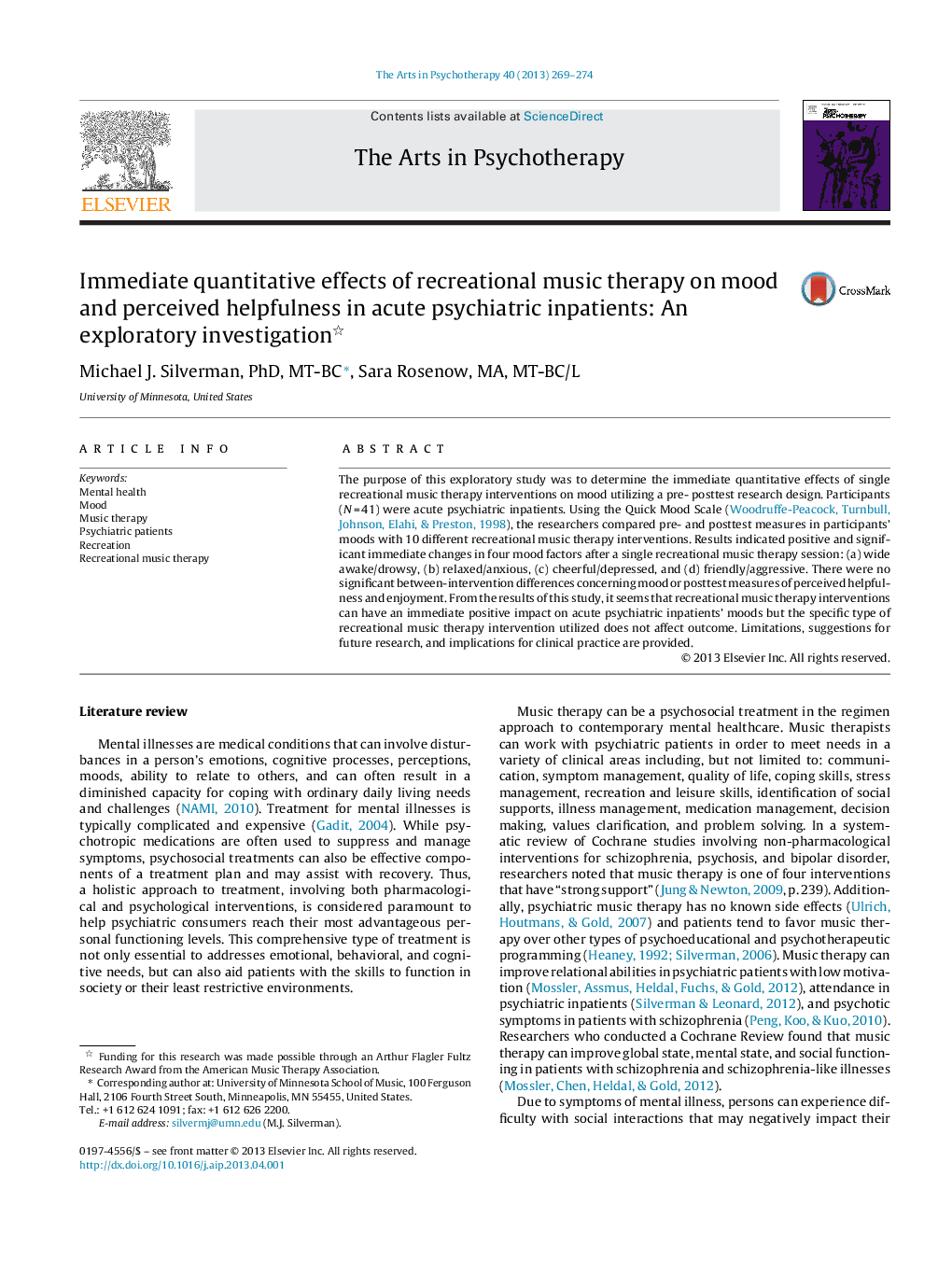 Immediate quantitative effects of recreational music therapy on mood and perceived helpfulness in acute psychiatric inpatients: An exploratory investigation 