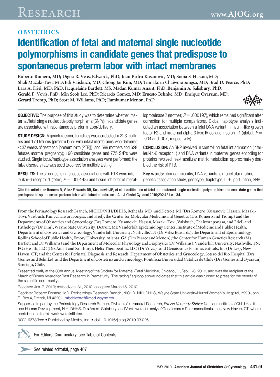 Identification of fetal and maternal single nucleotide polymorphisms in candidate genes that predispose to spontaneous preterm labor with intact membranes