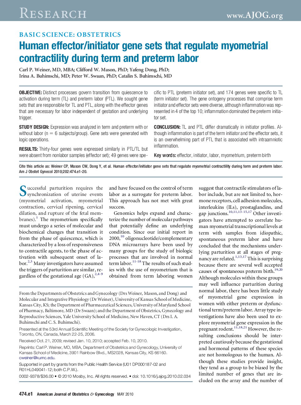 Human effector/initiator gene sets that regulate myometrial contractility during term and preterm labor