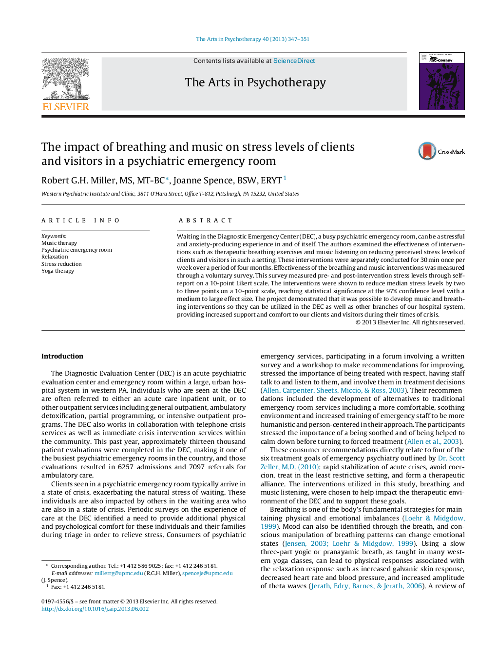 The impact of breathing and music on stress levels of clients and visitors in a psychiatric emergency room