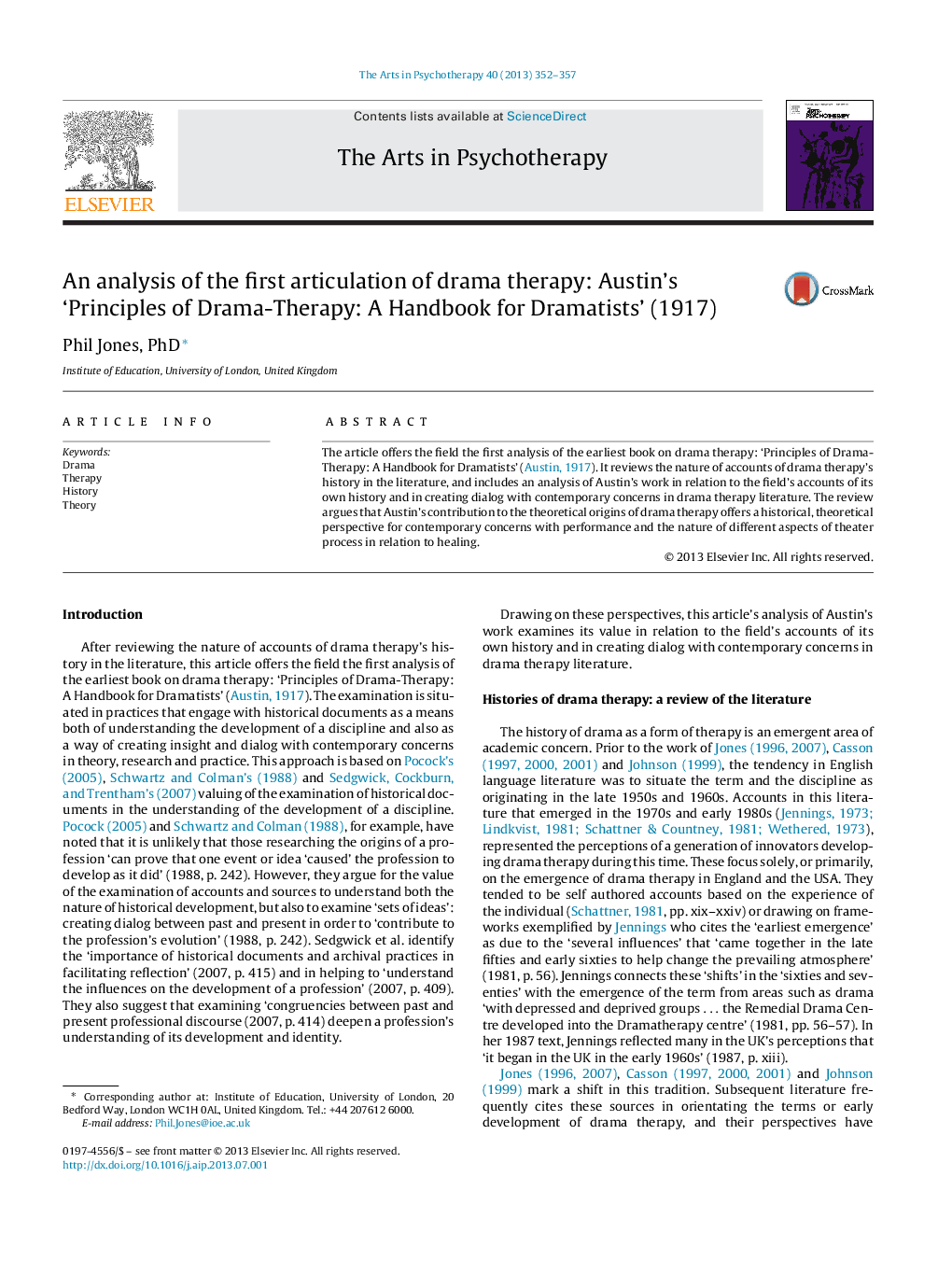 An analysis of the first articulation of drama therapy: Austin's ‘Principles of Drama-Therapy: A Handbook for Dramatists’ (1917)