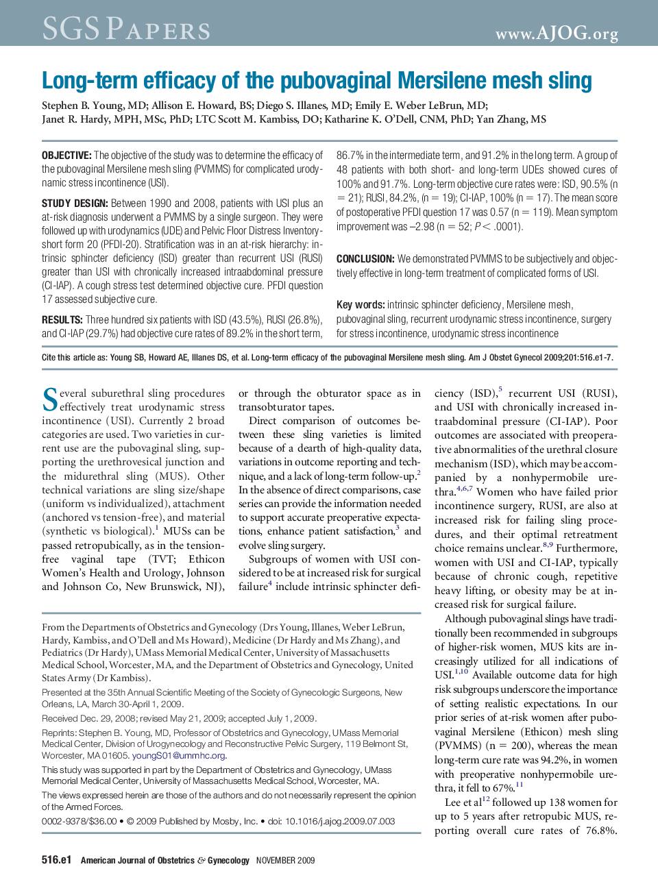 Long-term efficacy of the pubovaginal Mersilene mesh sling