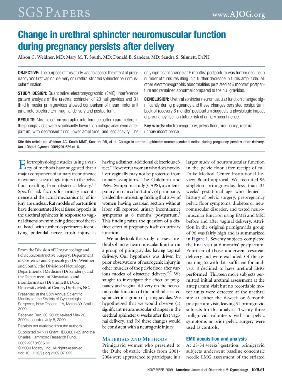 Change in urethral sphincter neuromuscular function during pregnancy persists after delivery