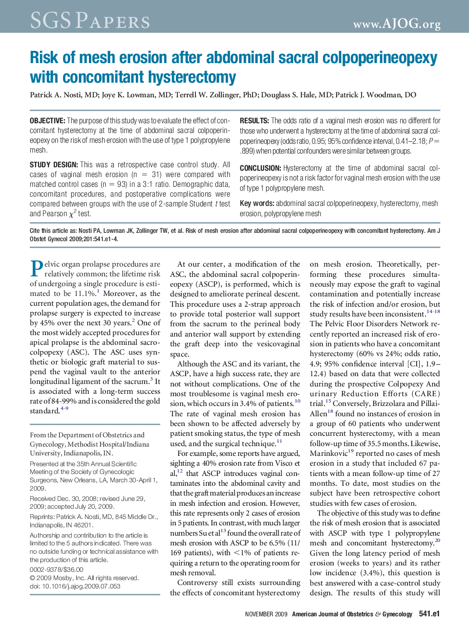 Risk of mesh erosion after abdominal sacral colpoperineopexy with concomitant hysterectomy