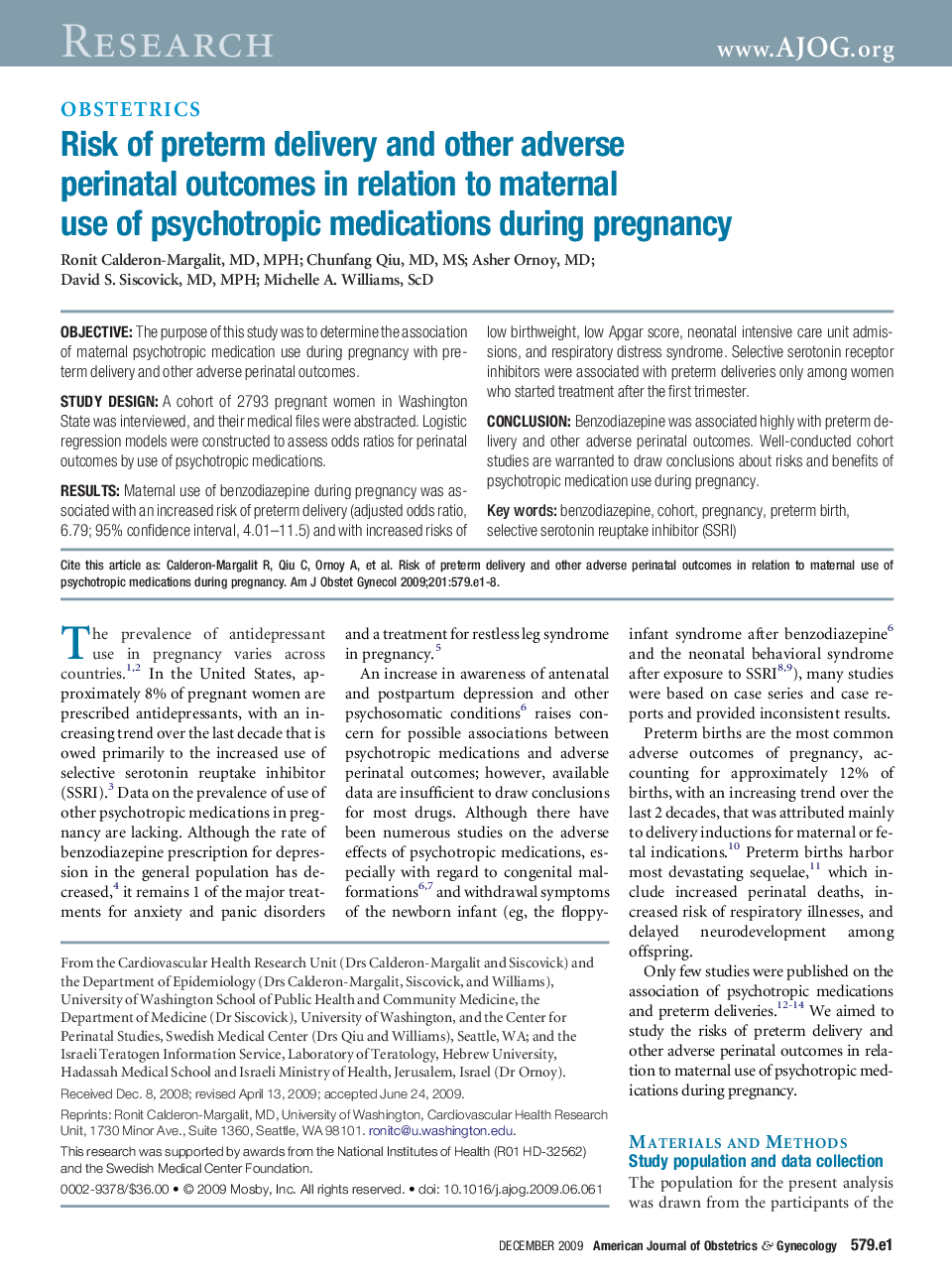 Risk of preterm delivery and other adverse perinatal outcomes in relation to maternal use of psychotropic medications during pregnancy