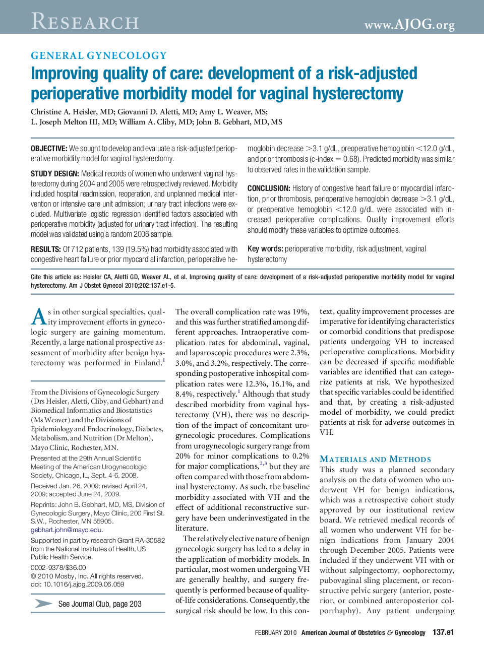 Improving quality of care: development of a risk-adjusted perioperative morbidity model for vaginal hysterectomy