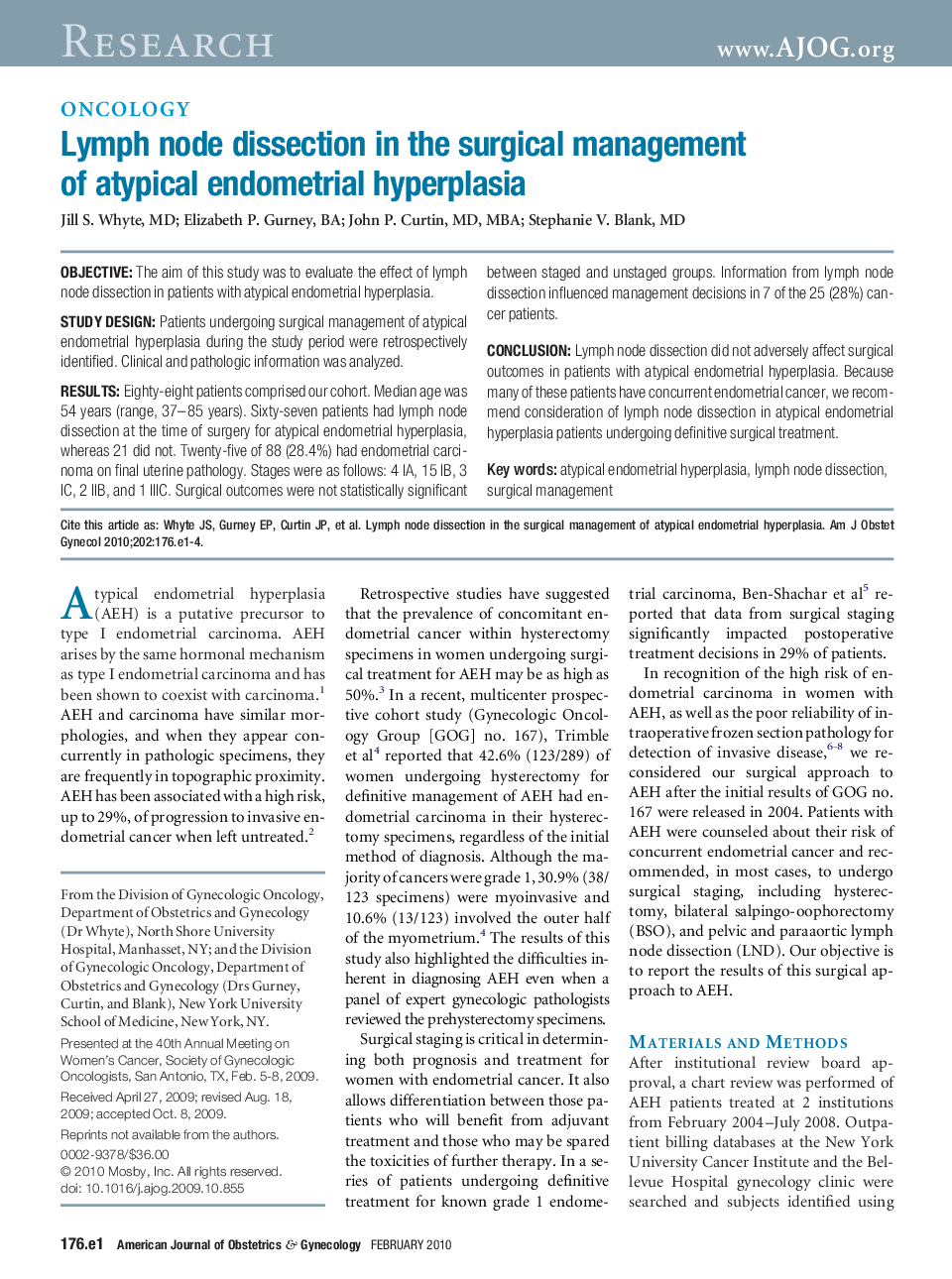 Lymph node dissection in the surgical management of atypical endometrial hyperplasia