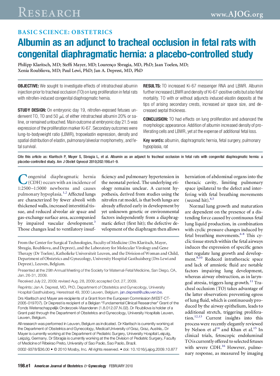 Albumin as an adjunct to tracheal occlusion in fetal rats with congenital diaphragmatic hernia: a placebo-controlled study