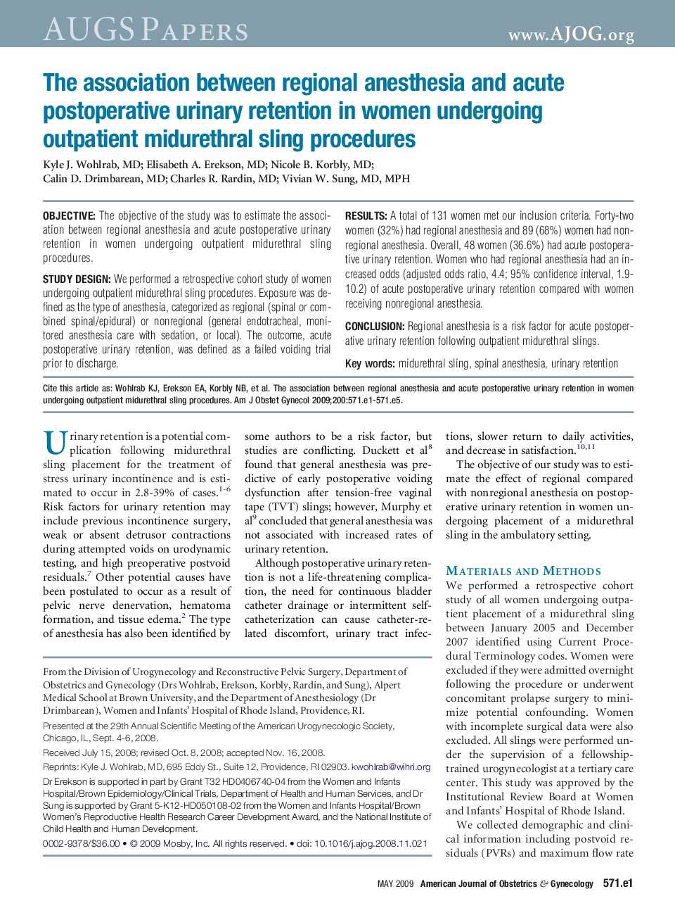 The association between regional anesthesia and acute postoperative urinary retention in women undergoing outpatient midurethral sling procedures