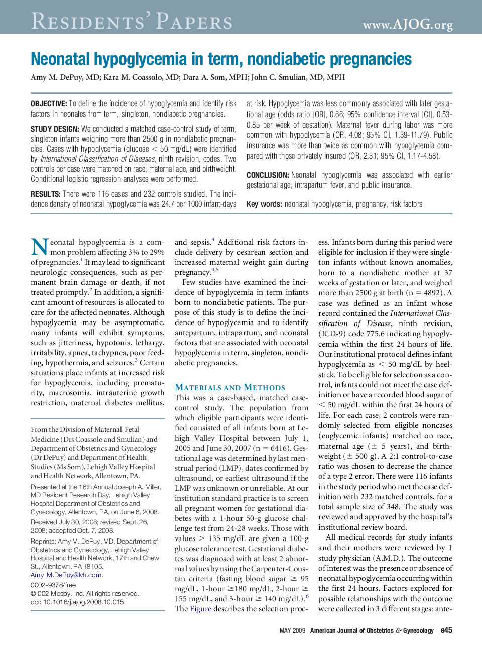 Neonatal hypoglycemia in term, nondiabetic pregnancies