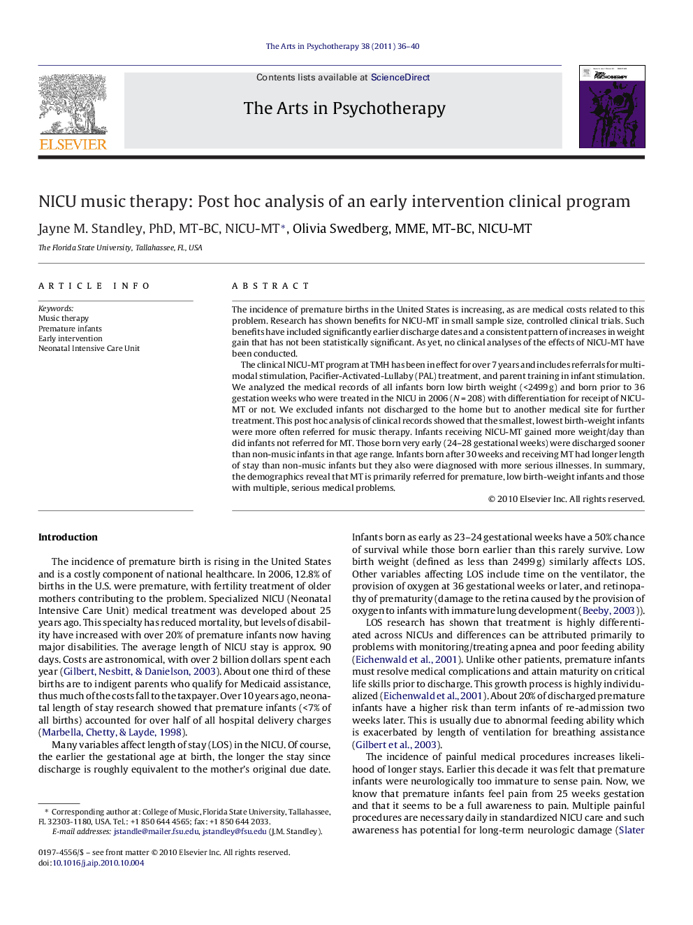 NICU music therapy: Post hoc analysis of an early intervention clinical program