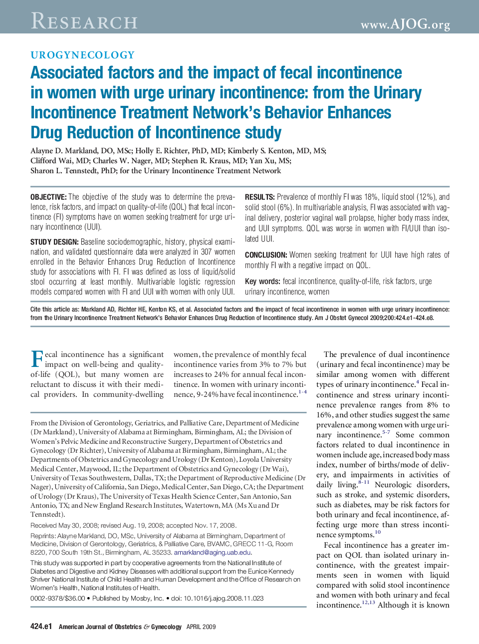 Associated factors and the impact of fecal incontinence in women with urge urinary incontinence: from the Urinary Incontinence Treatment Network's Behavior Enhances Drug Reduction of Incontinence study