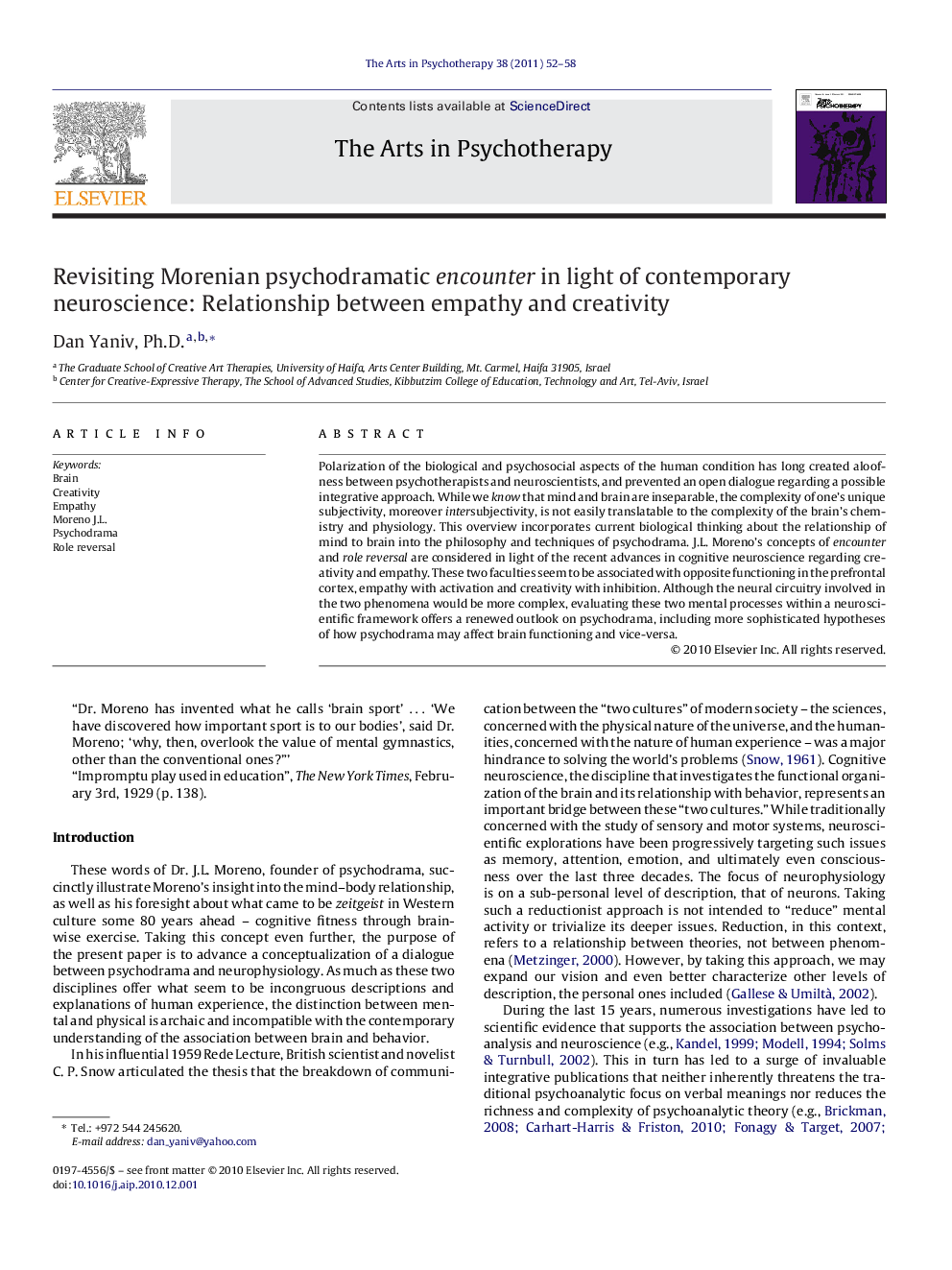 Revisiting Morenian psychodramatic encounter in light of contemporary neuroscience: Relationship between empathy and creativity