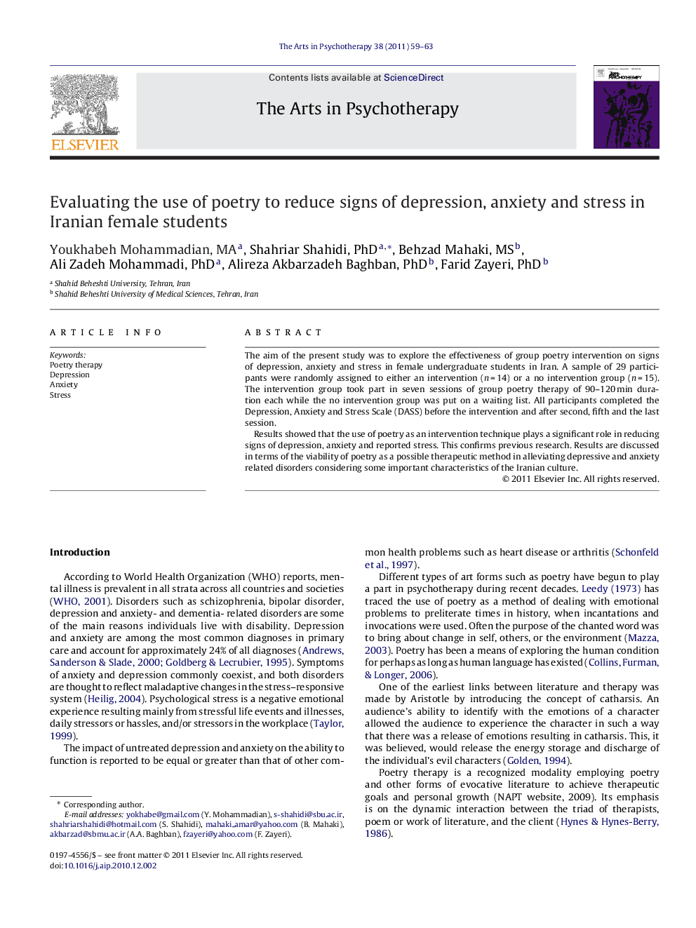 Evaluating the use of poetry to reduce signs of depression, anxiety and stress in Iranian female students