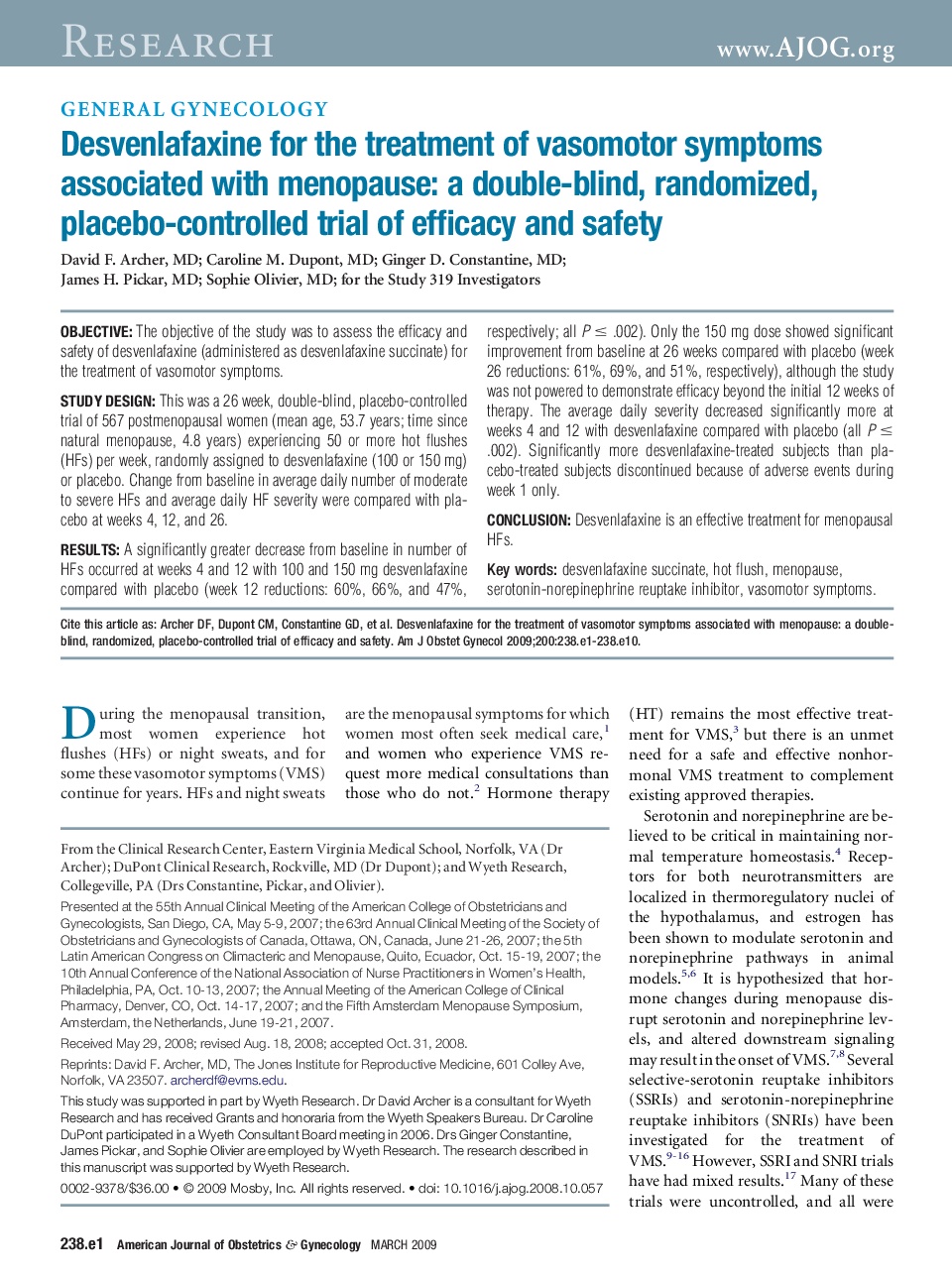 Desvenlafaxine for the treatment of vasomotor symptoms associated with menopause: a double-blind, randomized, placebo-controlled trial of efficacy and safety