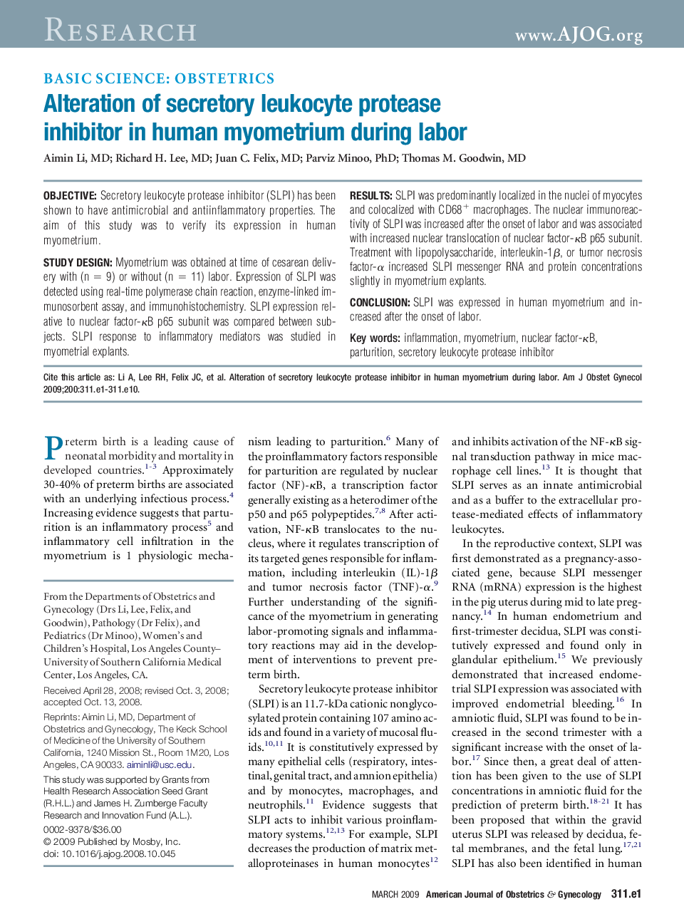 Alteration of secretory leukocyte protease inhibitor in human myometrium during labor