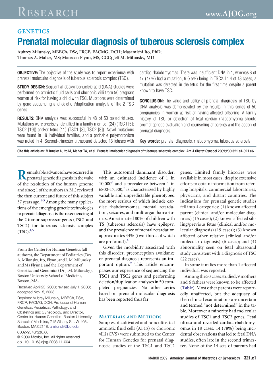 Prenatal molecular diagnosis of tuberous sclerosis complex