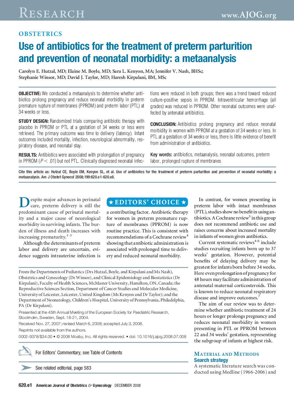 Use of antibiotics for the treatment of preterm parturition and prevention of neonatal morbidity: a metaanalysis