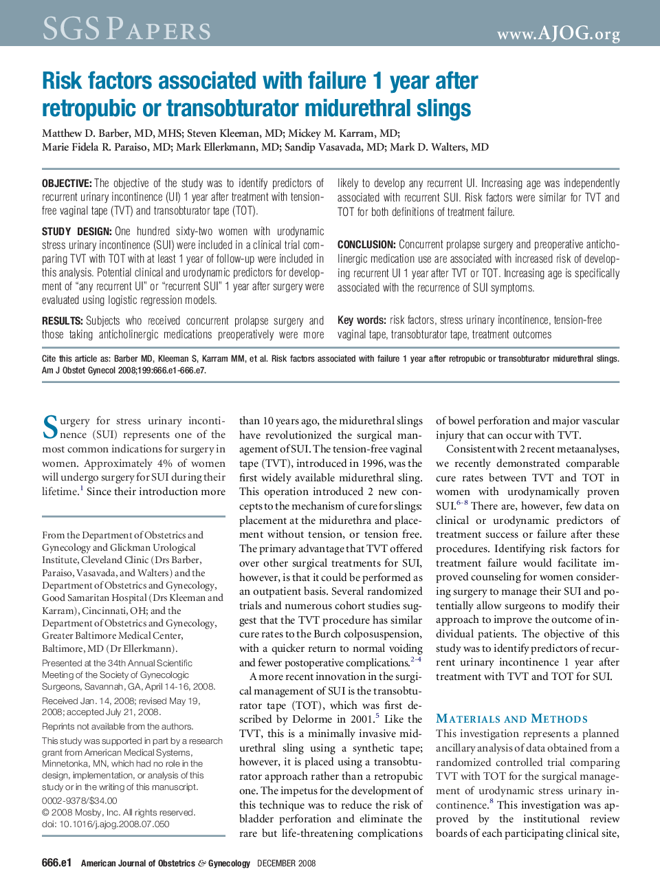 Risk factors associated with failure 1 year after retropubic or transobturator midurethral slings