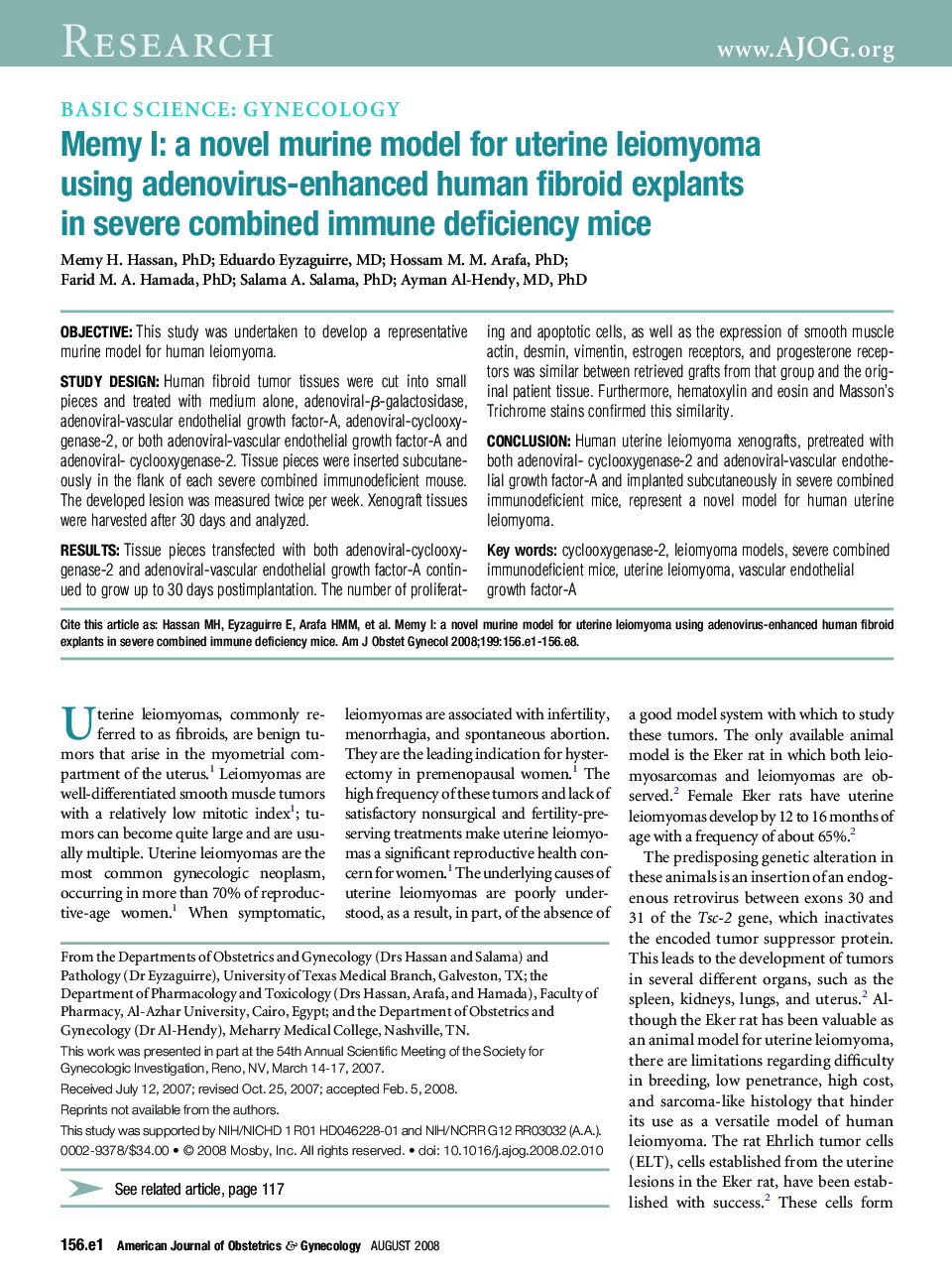 Memy I: a novel murine model for uterine leiomyoma using adenovirus-enhanced human fibroid explants in severe combined immune deficiency mice