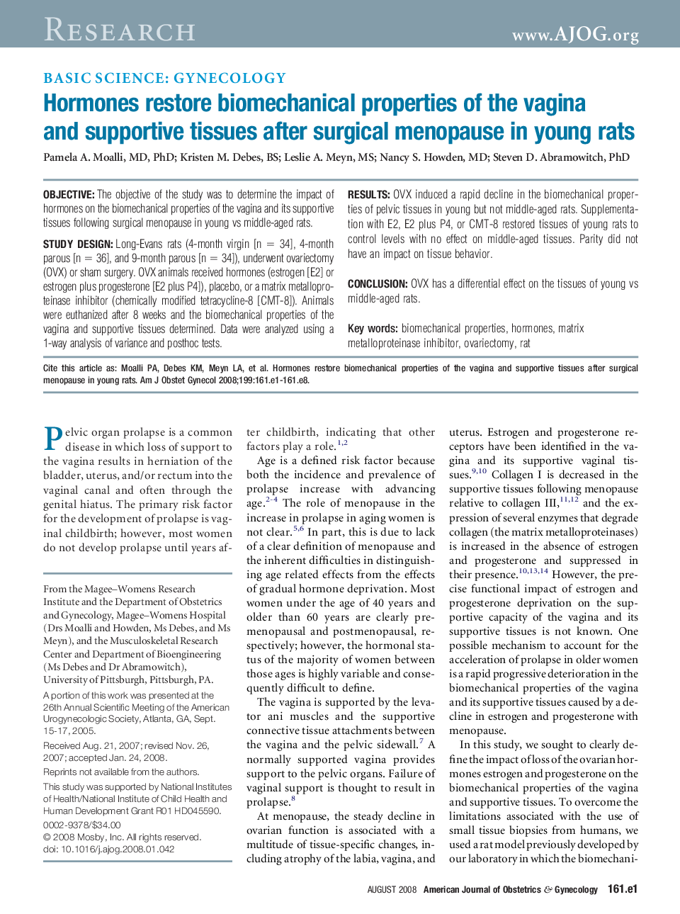 Hormones restore biomechanical properties of the vagina and supportive tissues after surgical menopause in young rats