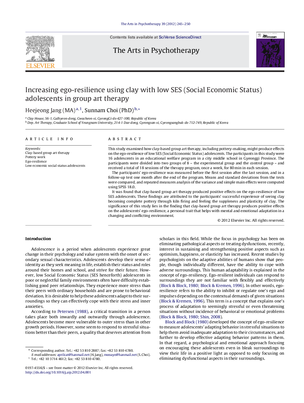 Increasing ego-resilience using clay with low SES (Social Economic Status) adolescents in group art therapy