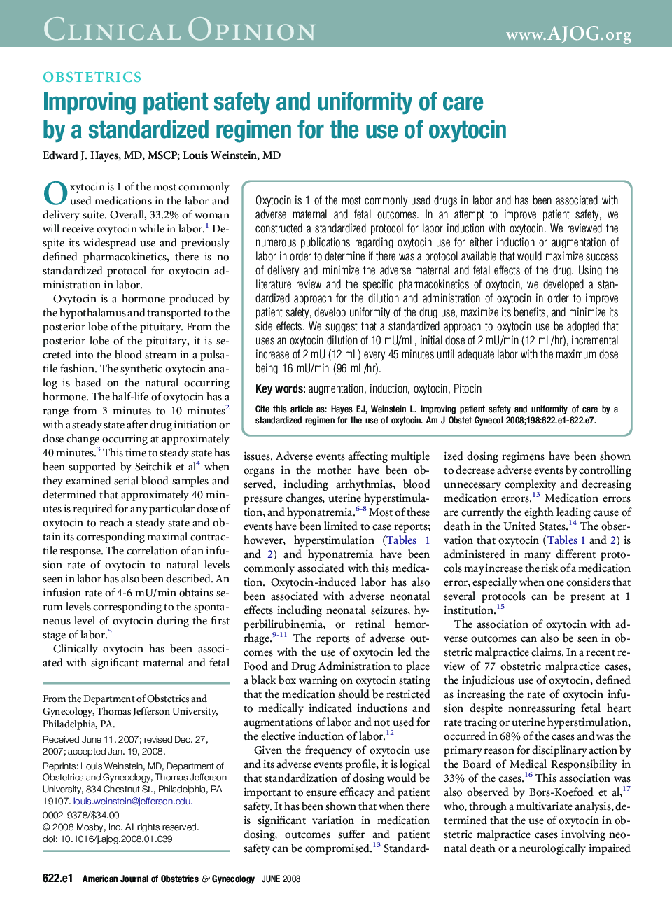 Improving patient safety and uniformity of care by a standardized regimen for the use of oxytocin