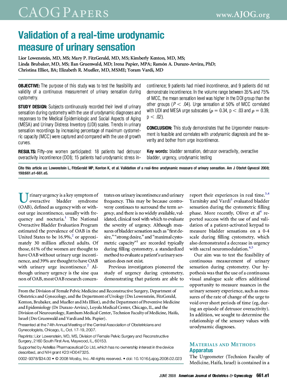 Validation of a real-time urodynamic measure of urinary sensation