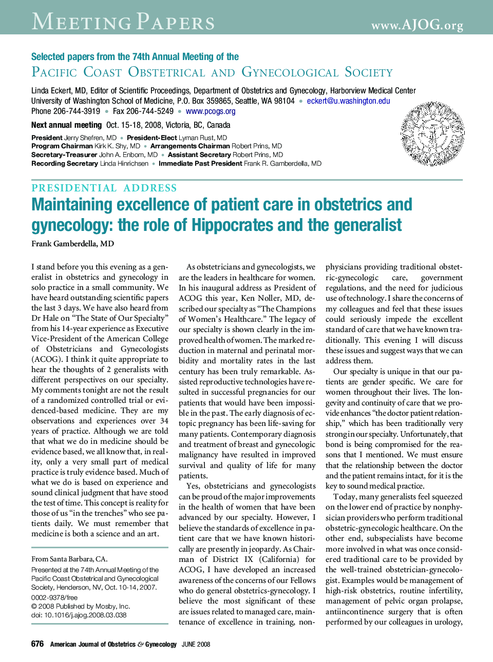 Maintaining excellence of patient care in obstetrics and gynecology: the role of Hippocrates and the generalist
