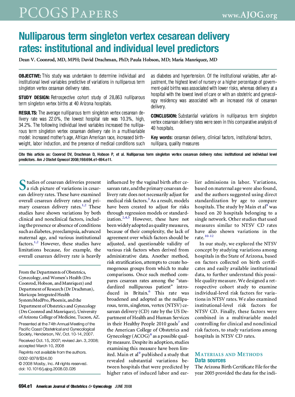 Nulliparous term singleton vertex cesarean delivery rates: institutional and individual level predictors