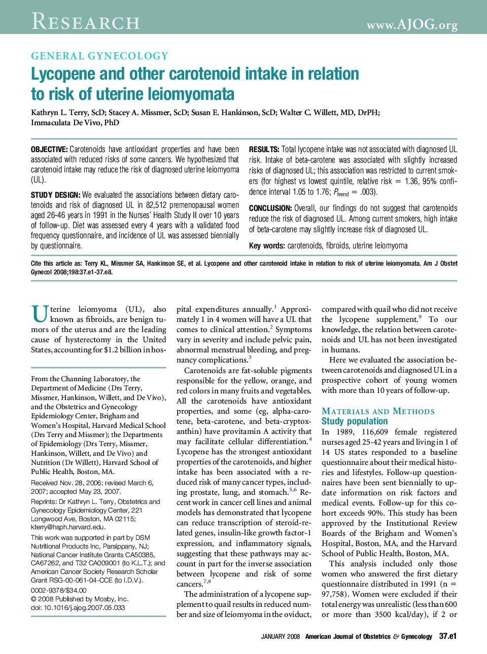 Lycopene and other carotenoid intake in relation to risk of uterine leiomyomata