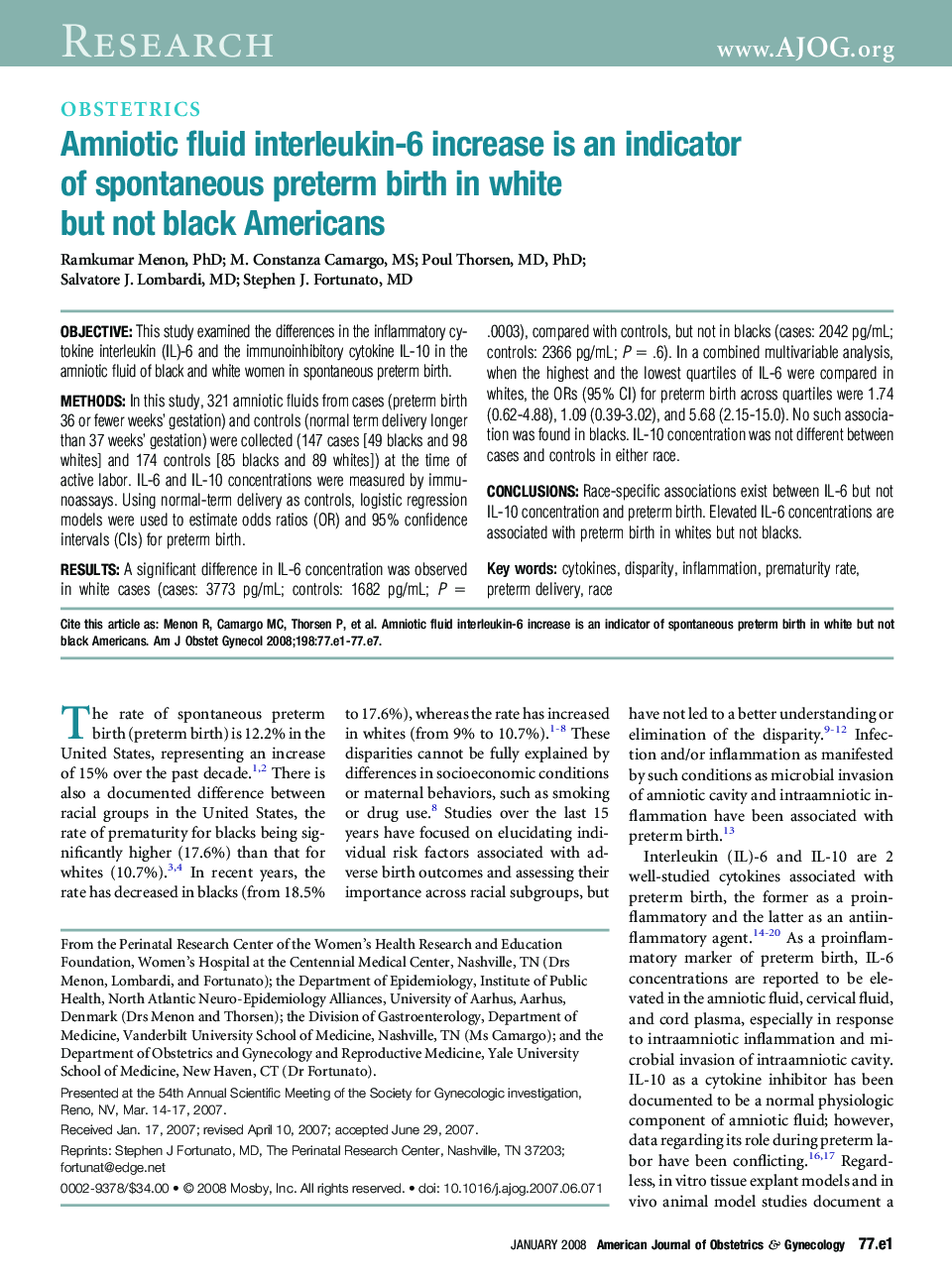 Amniotic fluid interleukin-6 increase is an indicator of spontaneous preterm birth in white but not black Americans