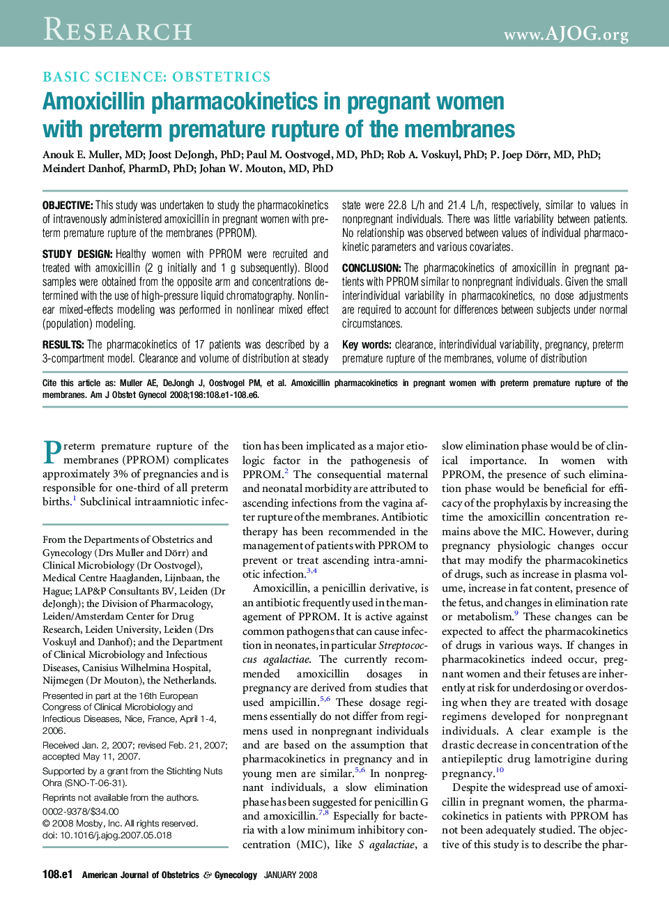 Amoxicillin pharmacokinetics in pregnant women with preterm premature rupture of the membranes