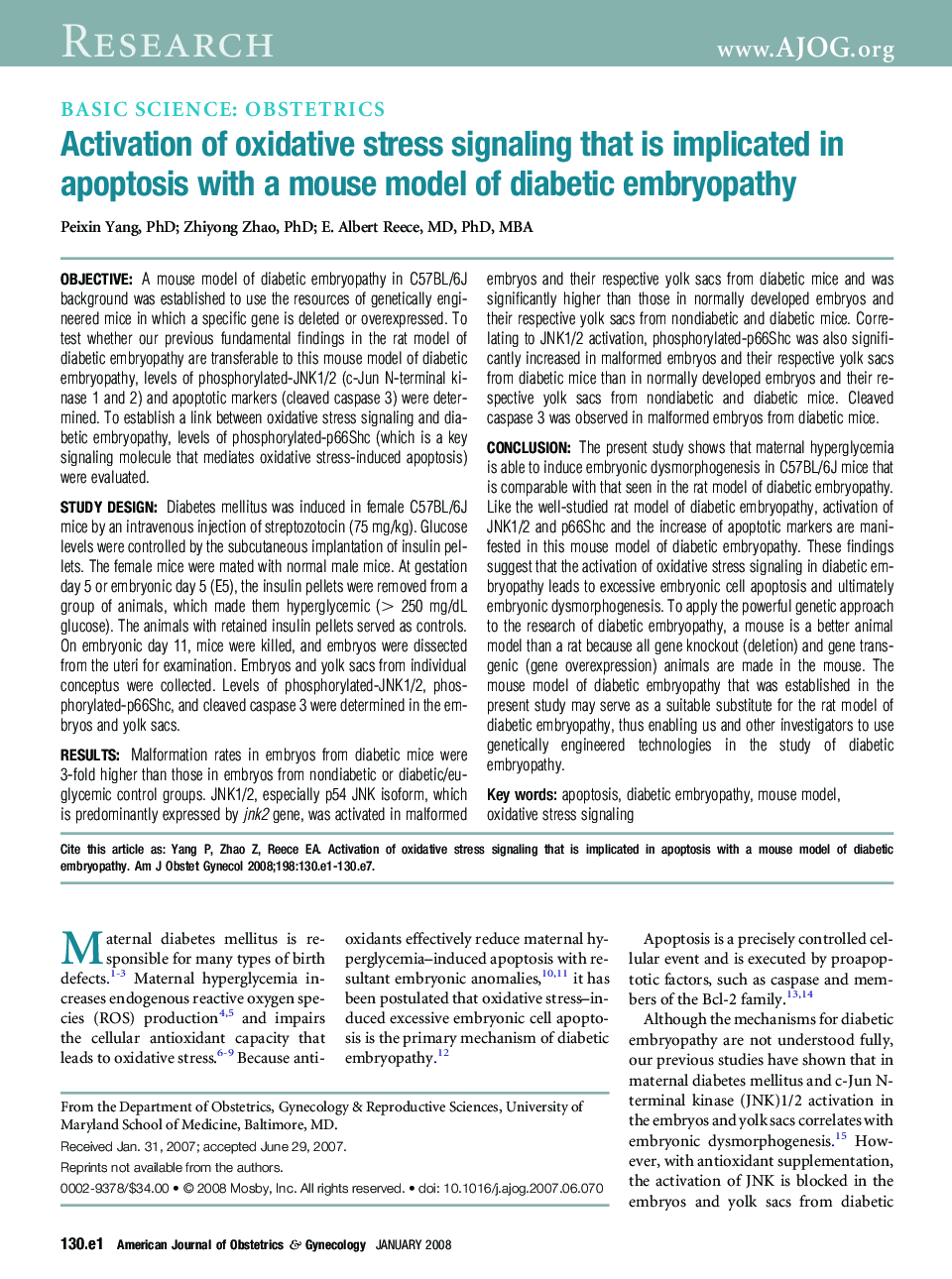 Activation of oxidative stress signaling that is implicated in apoptosis with a mouse model of diabetic embryopathy