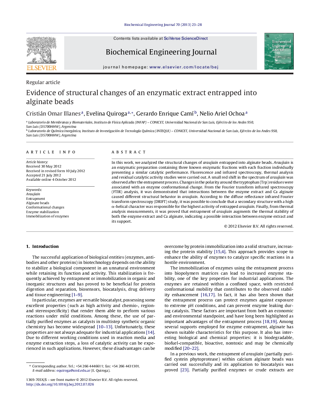 Evidence of structural changes of an enzymatic extract entrapped into alginate beads