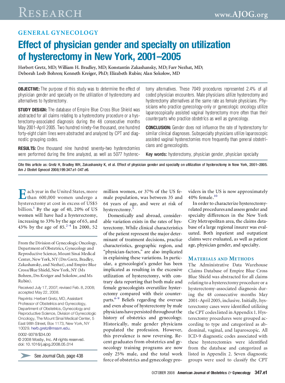 Effect of physician gender and specialty on utilization of hysterectomy in New York, 2001-2005