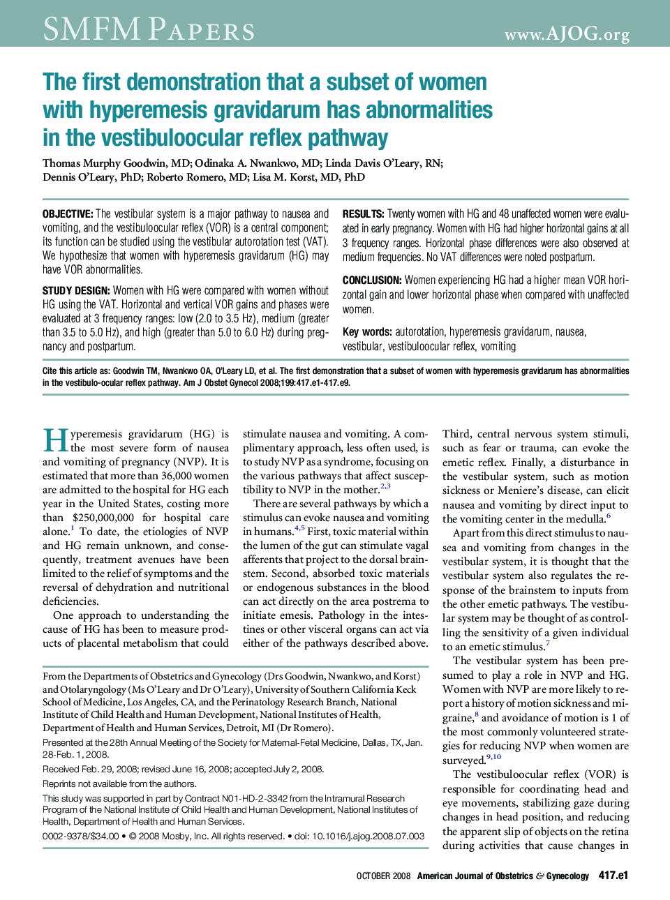 The first demonstration that a subset of women with hyperemesis gravidarum has abnormalities in the vestibuloocular reflex pathway