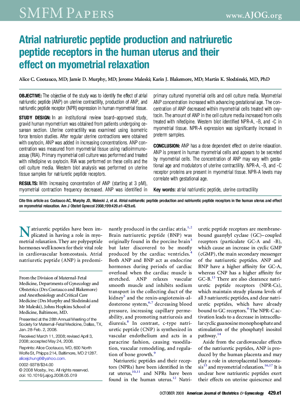 Atrial natriuretic peptide production and natriuretic peptide receptors in the human uterus and their effect on myometrial relaxation
